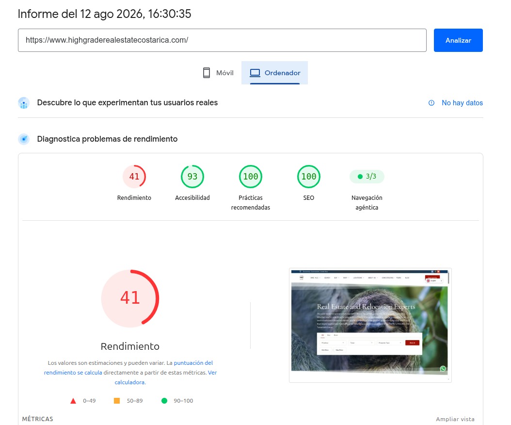 Informe de Google PageSpeed Insights con rendimiento 90/100 en Ordenador